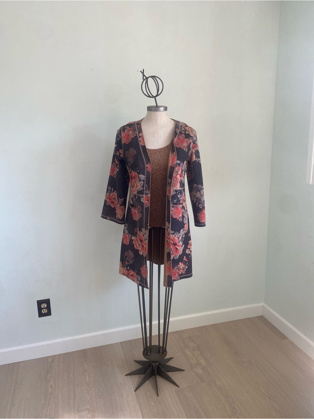 Anthropologie Black Open-Front Longline Jacket with Rose Floral